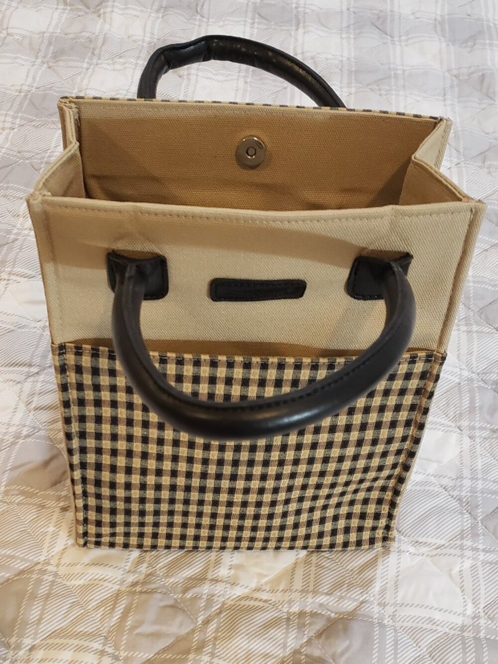 Longaberger Homestead khaki/black checker gingham Small‎ Tote bag